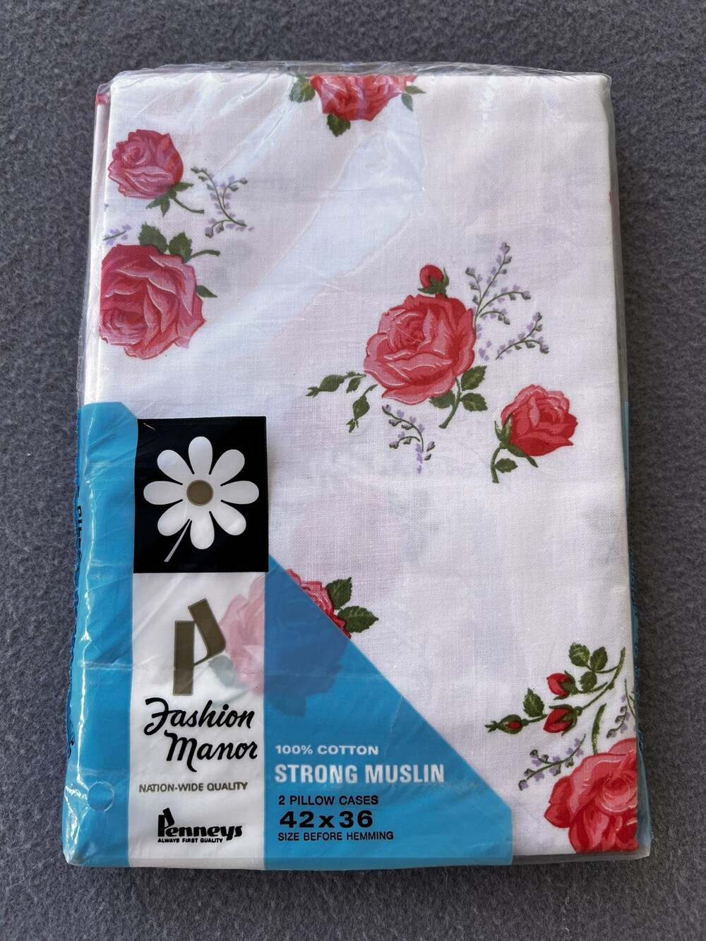 Penneys Fashion Manor Pillowcases Set of 2 Pink Roses Floral Cotton NOS VTG 60s